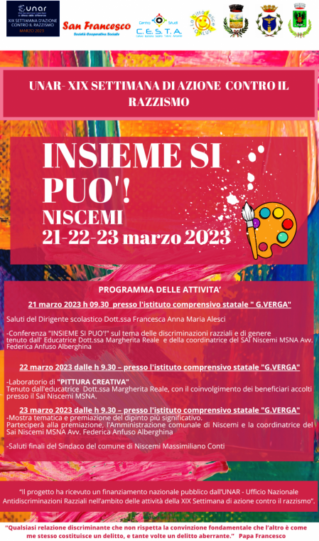 UNAR. XIX Settimana di azione contro il razzismo. Tre giorni di iniziative a Niscemi, col progetto INSIEME SI PUO’! Coinvolte la Cooperativa sociale “San Francesco”, il Centro Studi CESTA e l’associazione “La Città Felice” onlus